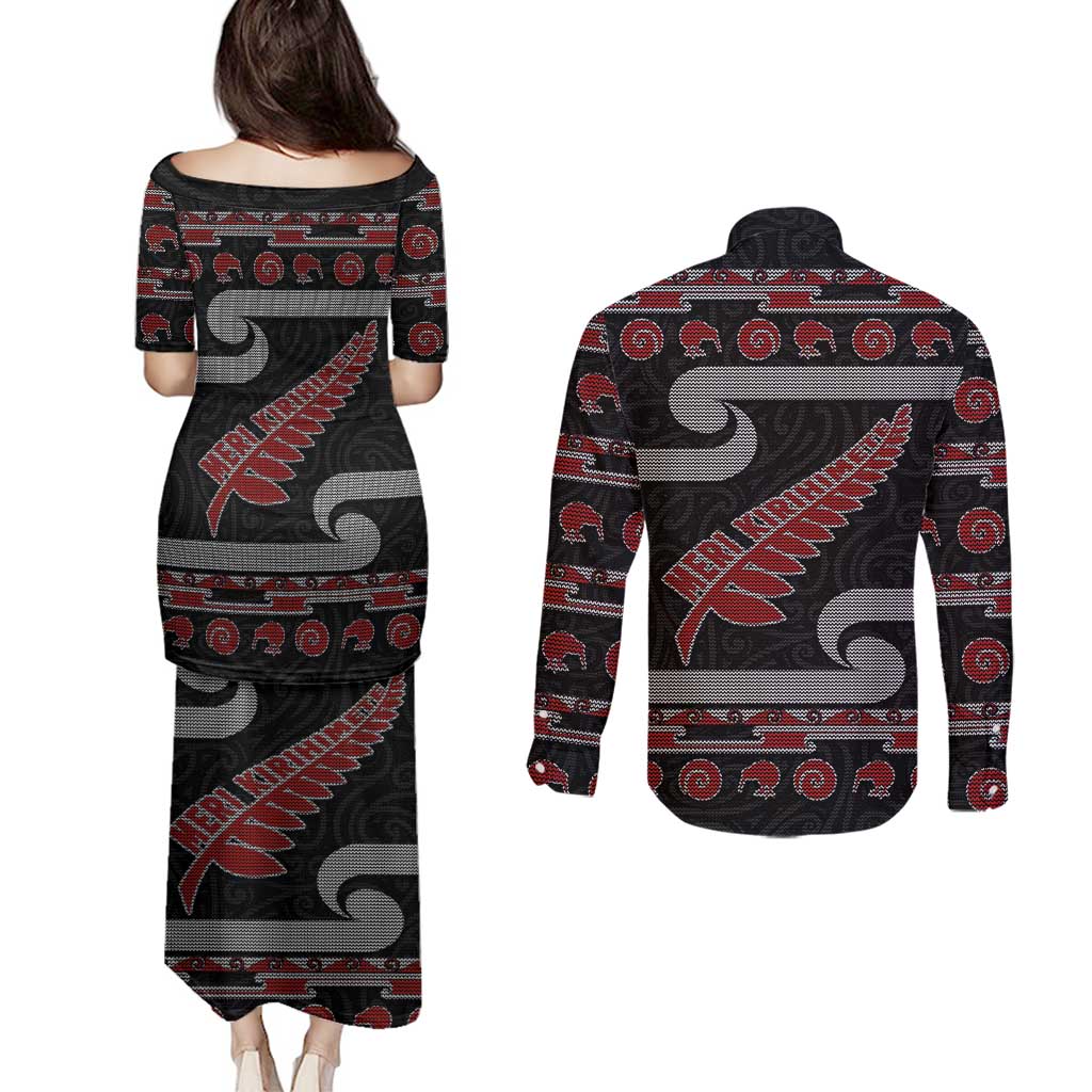New Zealand Christmas Couples Matching Puletasi and Long Sleeve Button Shirt Meri Kirihimete Silver Fern Knit Style Red Color - Polynesian Pride