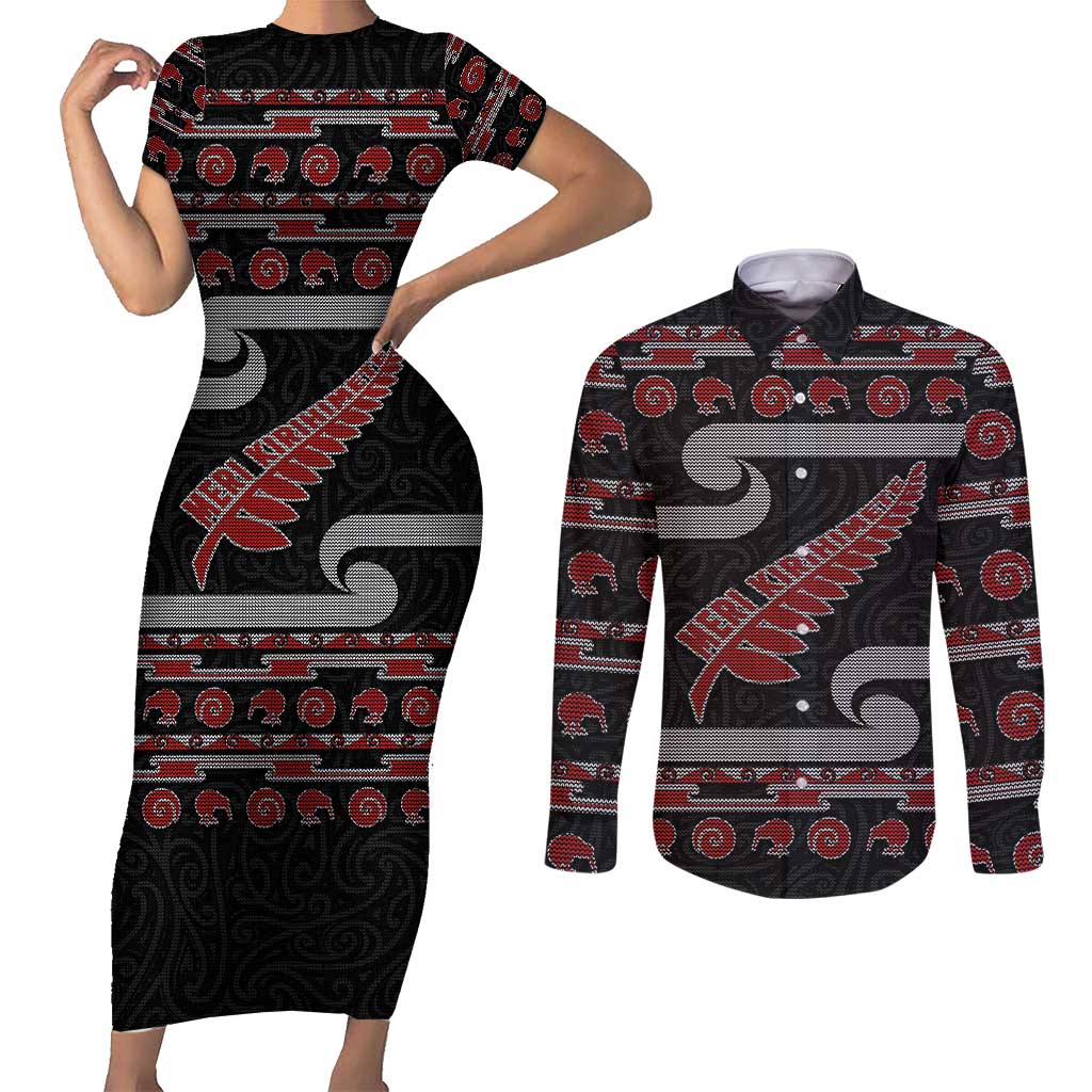 New Zealand Christmas Couples Matching Short Sleeve Bodycon Dress and Long Sleeve Button Shirt Meri Kirihimete Silver Fern Knit Style Red Color - Polynesian Pride