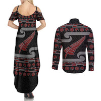 New Zealand Christmas Couples Matching Summer Maxi Dress and Long Sleeve Button Shirt Meri Kirihimete Silver Fern Knit Style Red Color - Polynesian Pride