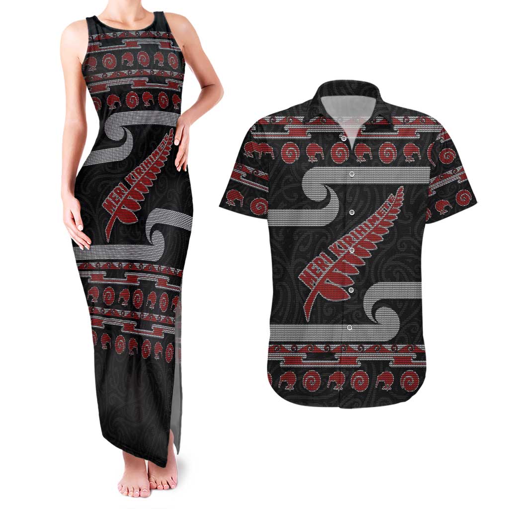 New Zealand Christmas Couples Matching Tank Maxi Dress and Hawaiian Shirt Meri Kirihimete Silver Fern Knit Style Red Color - Polynesian Pride