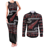 New Zealand Christmas Couples Matching Tank Maxi Dress and Long Sleeve Button Shirt Meri Kirihimete Silver Fern Knit Style Red Color - Polynesian Pride