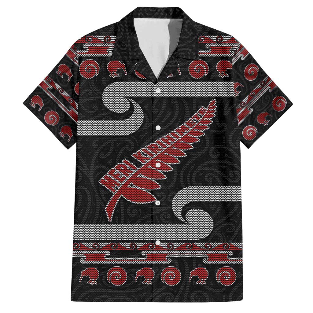 New Zealand Christmas Family Matching Long Sleeve Bodycon Dress and Hawaiian Shirt Meri Kirihimete Silver Fern Knit Style Red Color - Polynesian Pride