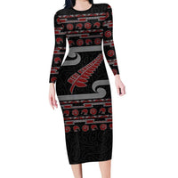 New Zealand Christmas Family Matching Long Sleeve Bodycon Dress and Hawaiian Shirt Meri Kirihimete Silver Fern Knit Style Red Color - Polynesian Pride