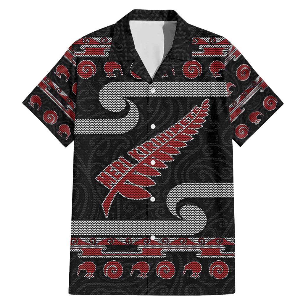 New Zealand Christmas Family Matching Mermaid Dress and Hawaiian Shirt Meri Kirihimete Silver Fern Knit Style Red Color - Polynesian Pride