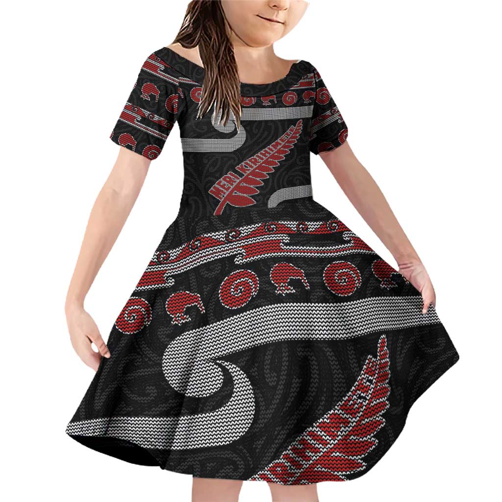 New Zealand Christmas Family Matching Off Shoulder Short Dress and Hawaiian Shirt Meri Kirihimete Silver Fern Knit Style Red Color - Polynesian Pride