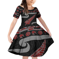 New Zealand Christmas Family Matching Off Shoulder Short Dress and Hawaiian Shirt Meri Kirihimete Silver Fern Knit Style Red Color - Polynesian Pride