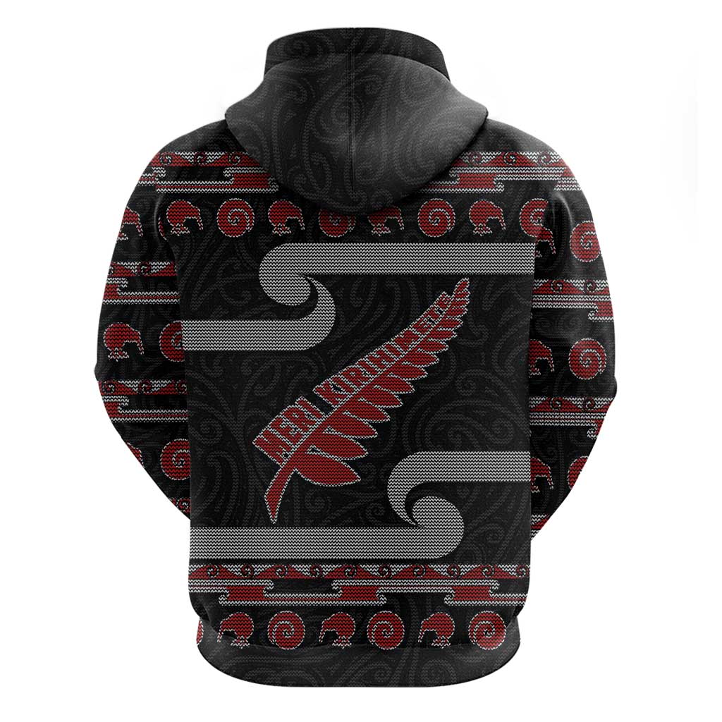 New Zealand Christmas Hoodie Meri Kirihimete Silver Fern Knit Style Red Color - Polynesian Pride