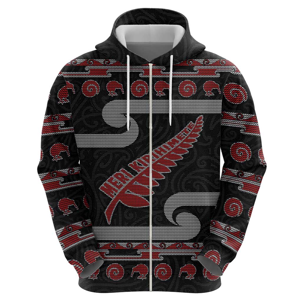 New Zealand Christmas Hoodie Meri Kirihimete Silver Fern Knit Style Red Color - Polynesian Pride