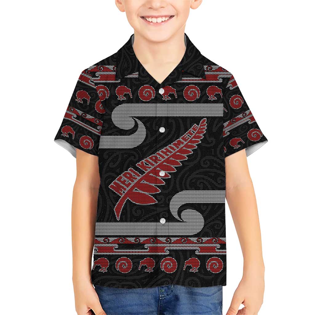 New Zealand Christmas Kid Hawaiian Shirt Meri Kirihimete Silver Fern Knit Style Red Color - Polynesian Pride