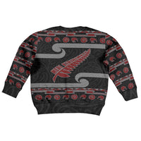 New Zealand Christmas Kid Ugly Christmas Sweater Meri Kirihimete Silver Fern Knit Style Red Color - Polynesian Pride