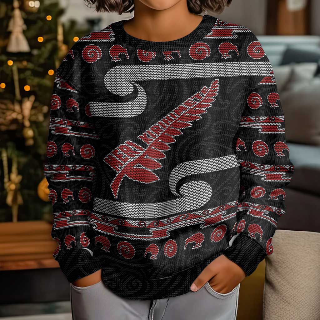 New Zealand Christmas Kid Ugly Christmas Sweater Meri Kirihimete Silver Fern Knit Style Red Color - Polynesian Pride