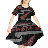New Zealand Christmas Kid Short Sleeve Dress Meri Kirihimete Silver Fern Knit Style Red Color - Polynesian Pride
