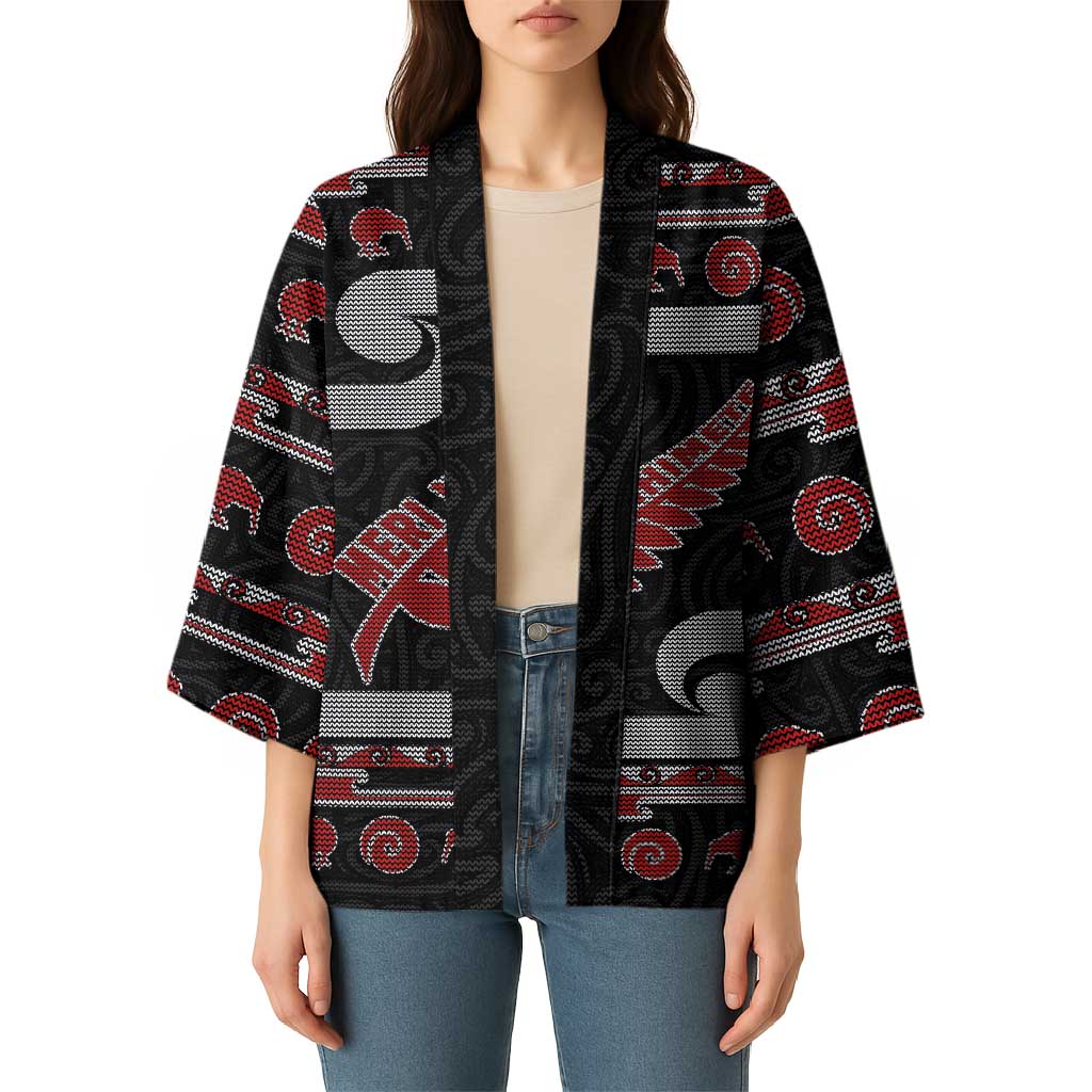 New Zealand Christmas Kimono Meri Kirihimete Silver Fern Knit Style Red Color - Polynesian Pride