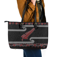 New Zealand Christmas Leather Tote Bag Meri Kirihimete Silver Fern Knit Style Red Color - Polynesian Pride