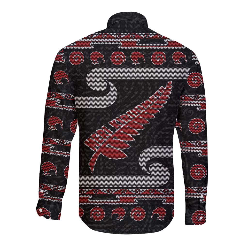 New Zealand Christmas Long Sleeve Button Shirt Meri Kirihimete Silver Fern Knit Style Red Color - Polynesian Pride