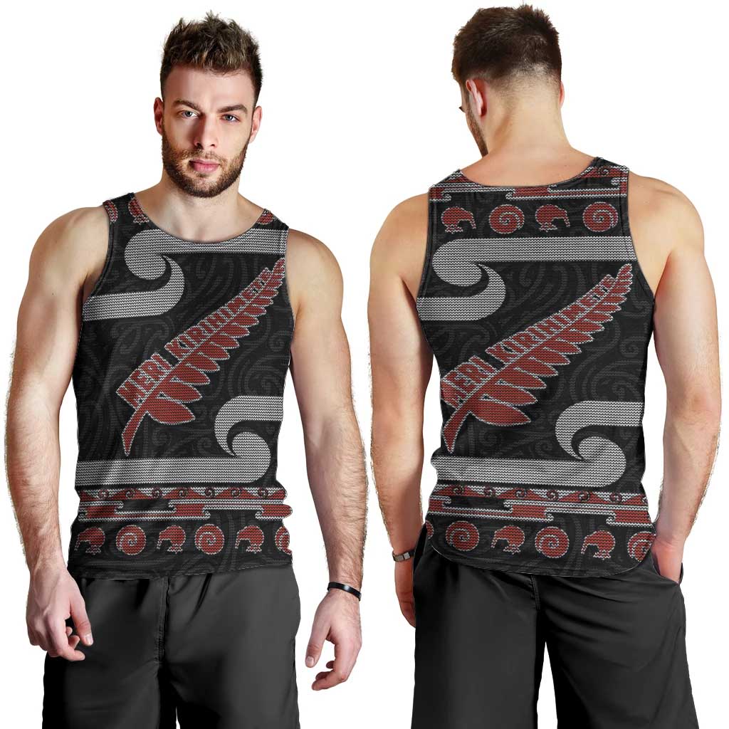 New Zealand Christmas Men Tank Top Meri Kirihimete Silver Fern Knit Style Red Color - Polynesian Pride