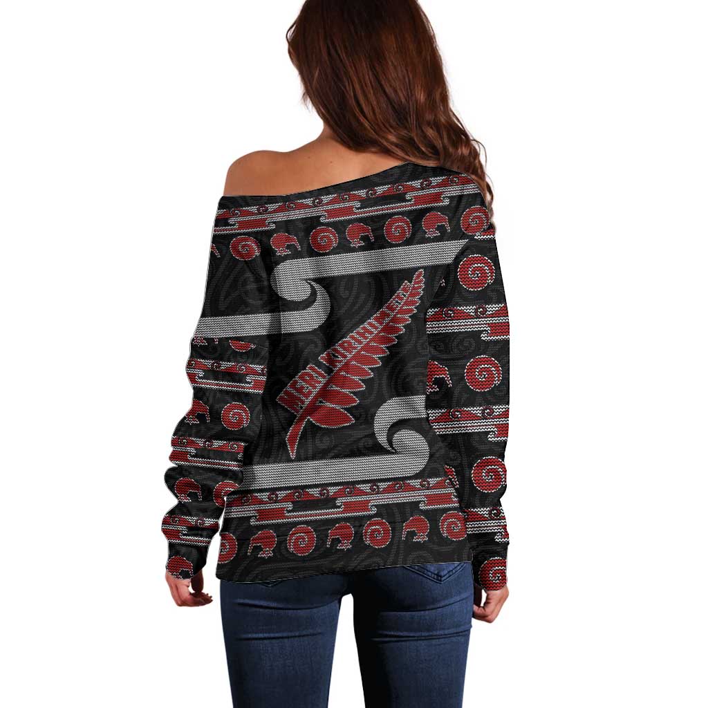 New Zealand Christmas Off Shoulder Sweater Meri Kirihimete Silver Fern Knit Style Red Color - Polynesian Pride