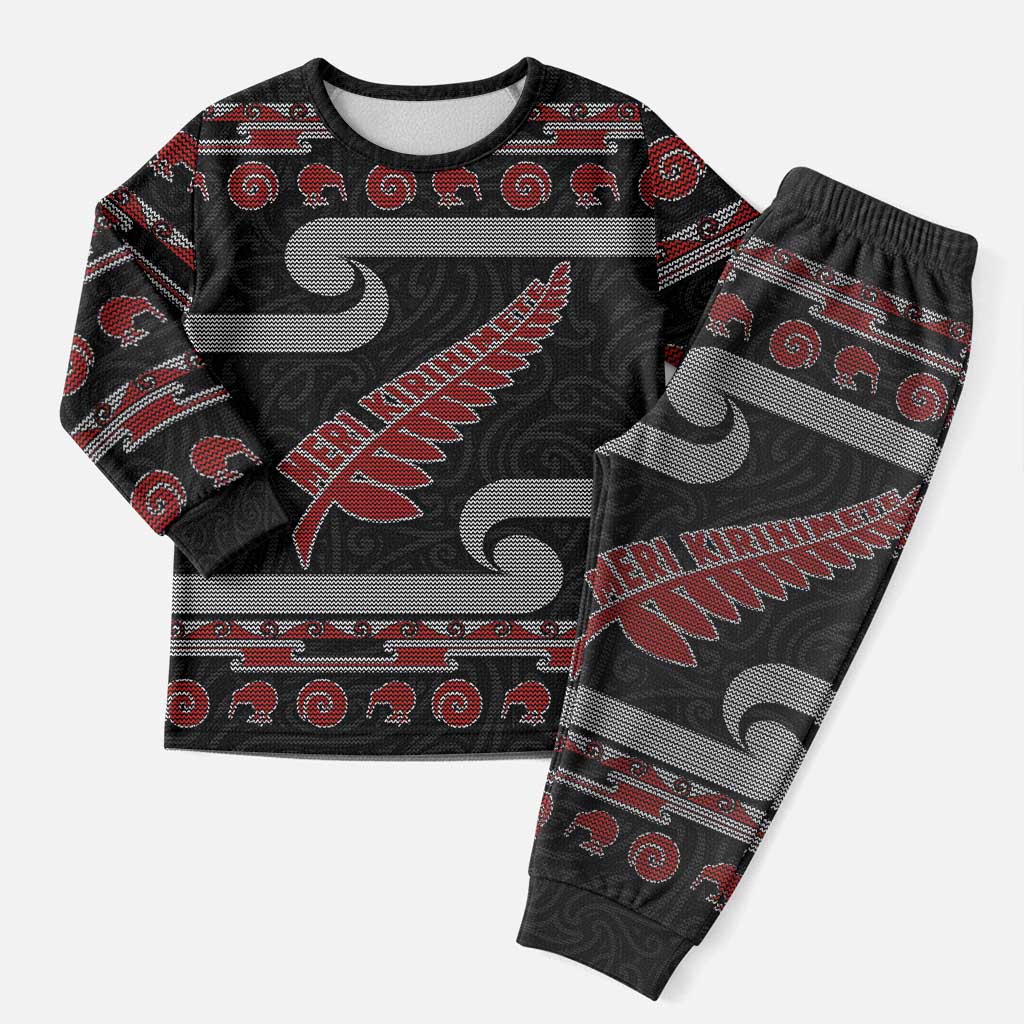New Zealand Christmas Pajama Set Meri Kirihimete Silver Fern Knit Style Red Color - Polynesian Pride