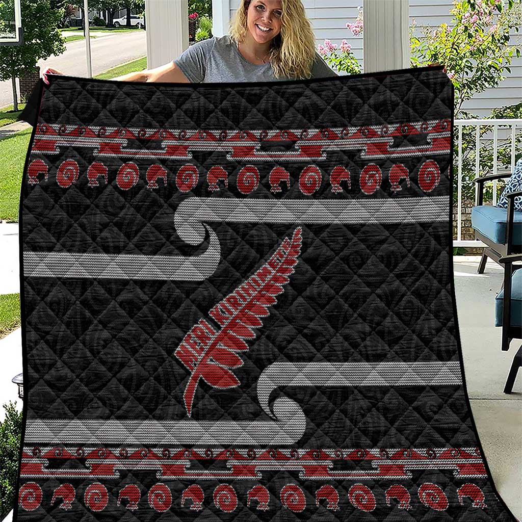 New Zealand Christmas Quilt Meri Kirihimete Silver Fern Knit Style Red Color - Polynesian Pride