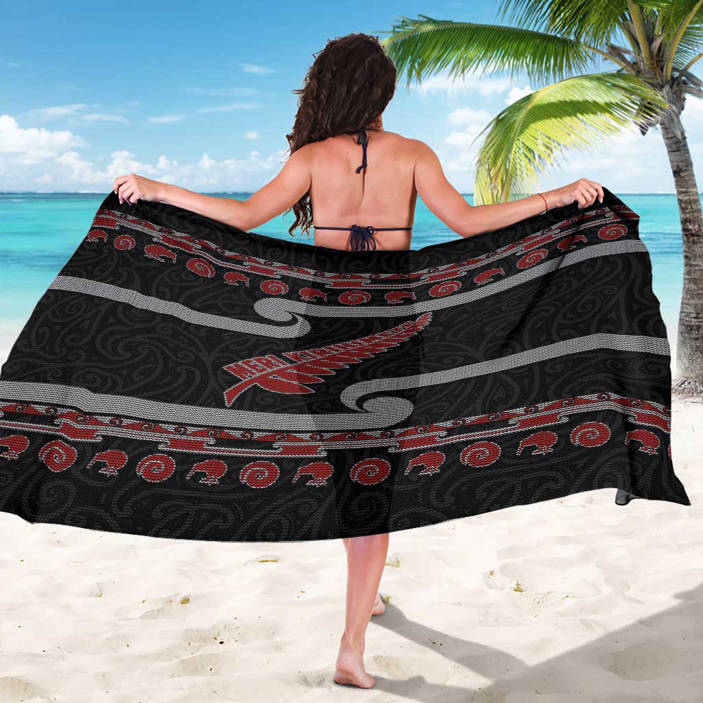 New Zealand Christmas Sarong Meri Kirihimete Silver Fern Knit Style Red Color - Polynesian Pride