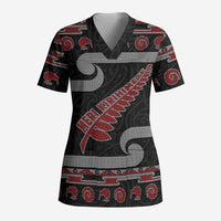 New Zealand Christmas Scrub Top Meri Kirihimete Silver Fern Knit Style Red Color - Polynesian Pride