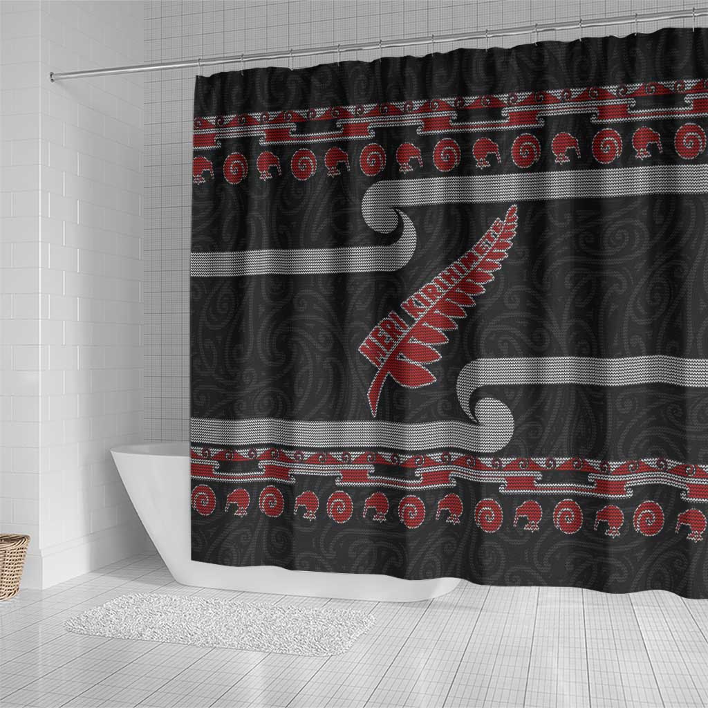 New Zealand Christmas Shower Curtain Meri Kirihimete Silver Fern Knit Style Red Color - Polynesian Pride