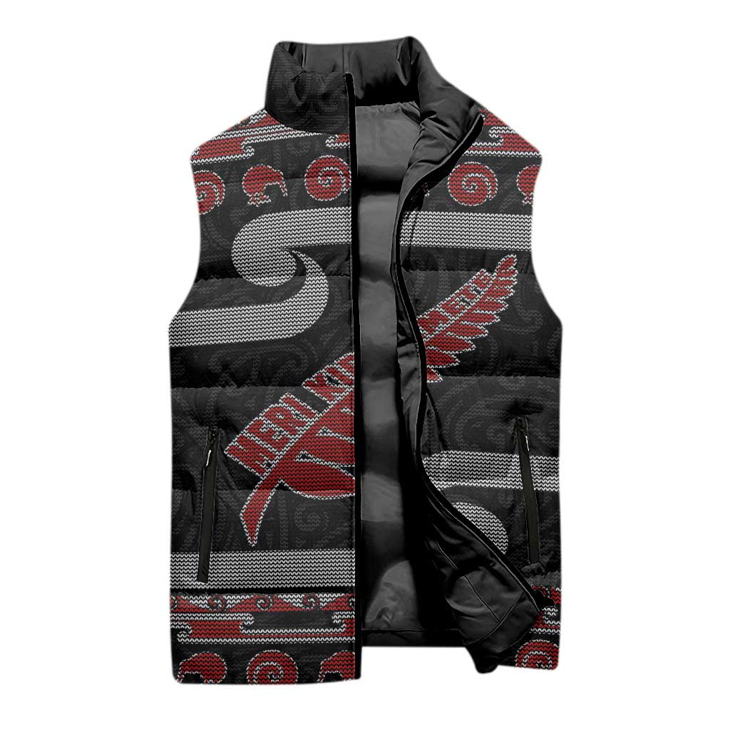 New Zealand Christmas Sleeveless Puffer Jacket Meri Kirihimete Silver Fern Knit Style Red Color - Polynesian Pride