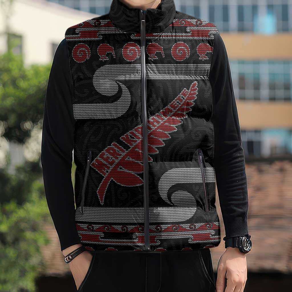 New Zealand Christmas Sleeveless Puffer Jacket Meri Kirihimete Silver Fern Knit Style Red Color - Polynesian Pride