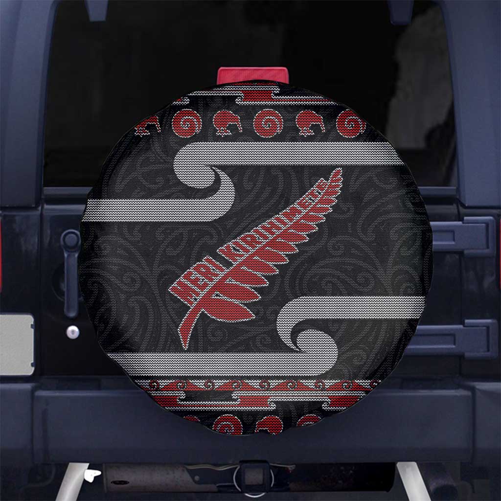 New Zealand Christmas Spare Tire Cover Meri Kirihimete Silver Fern Knit Style Red Color - Polynesian Pride