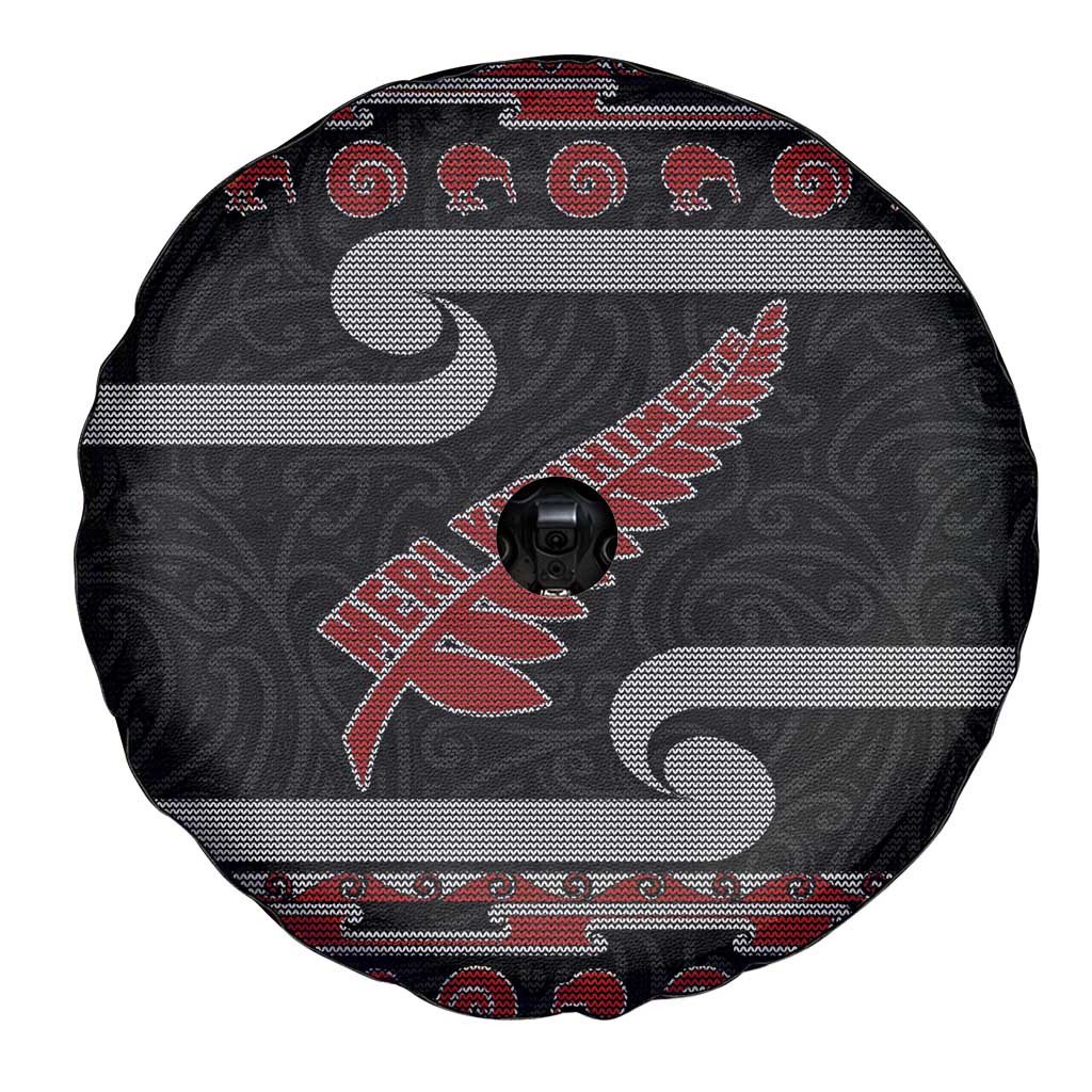 New Zealand Christmas Spare Tire Cover Meri Kirihimete Silver Fern Knit Style Red Color - Polynesian Pride