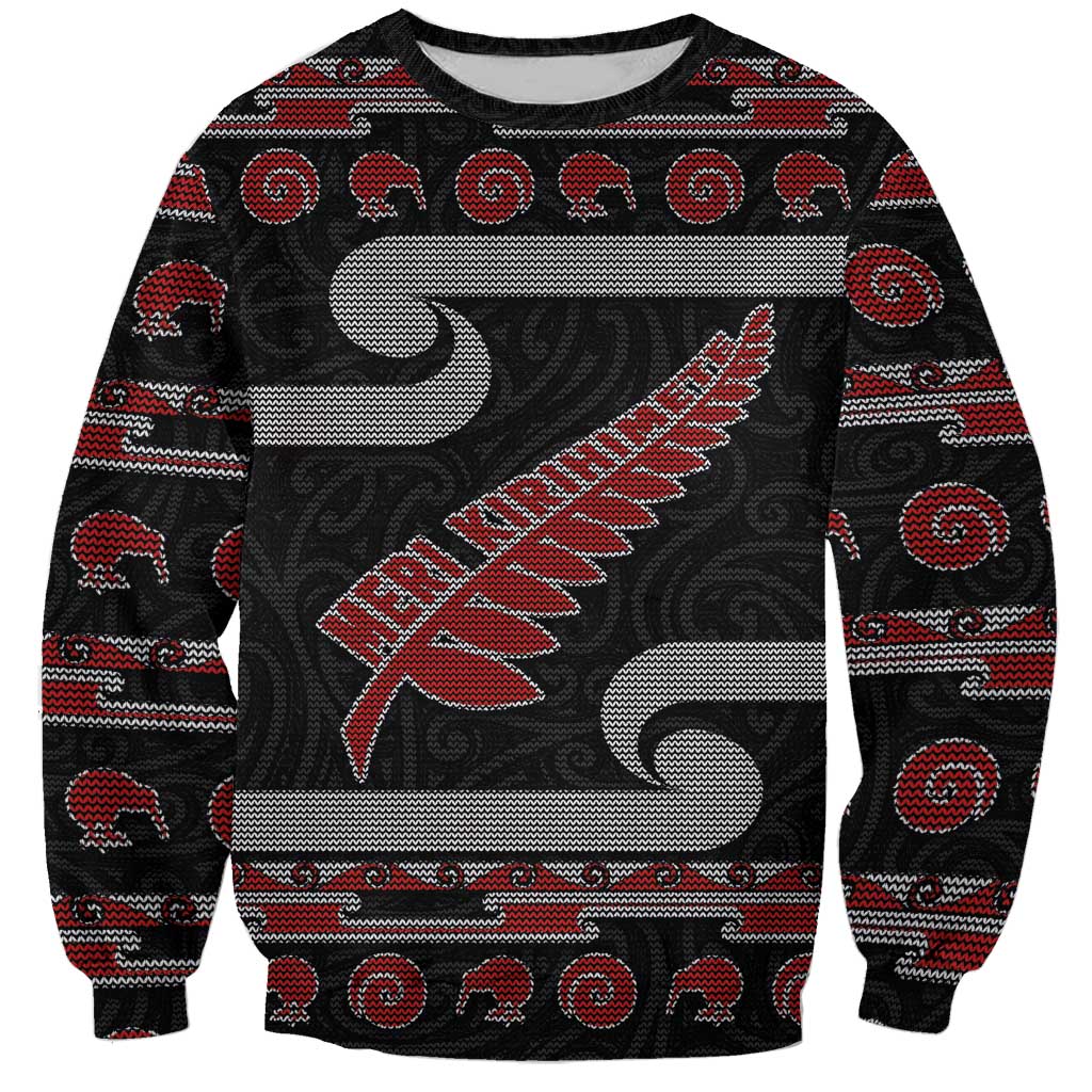 New Zealand Christmas Sweatshirt Meri Kirihimete Silver Fern Knit Style Red Color - Polynesian Pride