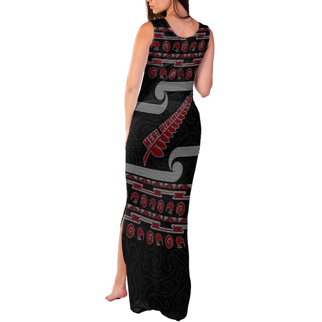 New Zealand Christmas Tank Maxi Dress Meri Kirihimete Silver Fern Knit Style Red Color - Polynesian Pride