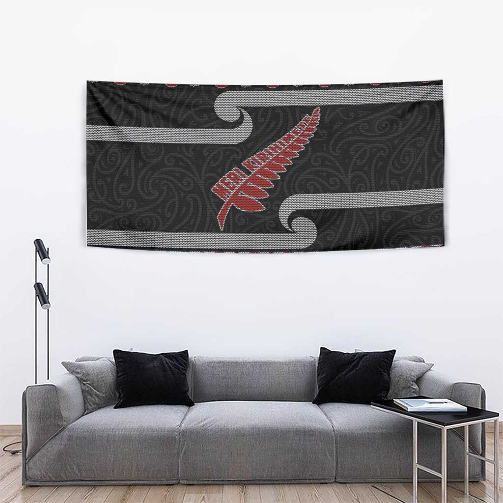 New Zealand Christmas Tapestry Meri Kirihimete Silver Fern Knit Style Red Color - Polynesian Pride
