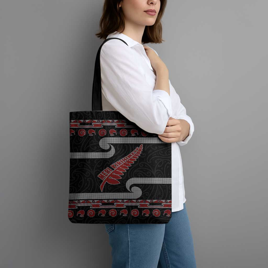 New Zealand Christmas Tote Bag Meri Kirihimete Silver Fern Knit Style Red Color - Polynesian Pride