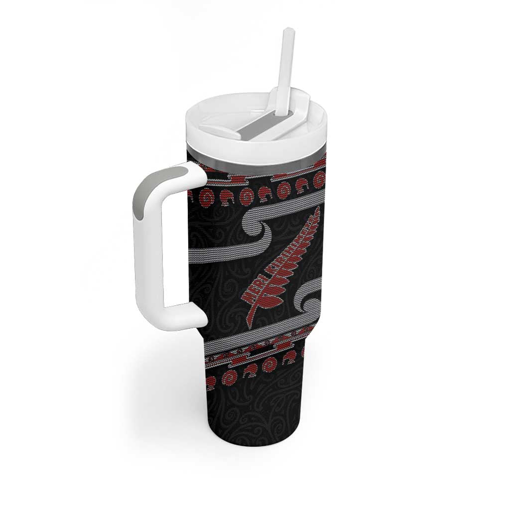 New Zealand Christmas Tumbler With Handle Meri Kirihimete Silver Fern Knit Style Red Color - Polynesian Pride