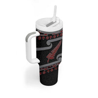 New Zealand Christmas Tumbler With Handle Meri Kirihimete Silver Fern Knit Style Red Color - Polynesian Pride