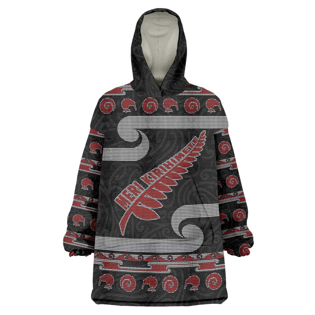 New Zealand Christmas Wearable Blanket Hoodie Meri Kirihimete Silver Fern Knit Style Red Color - Polynesian Pride