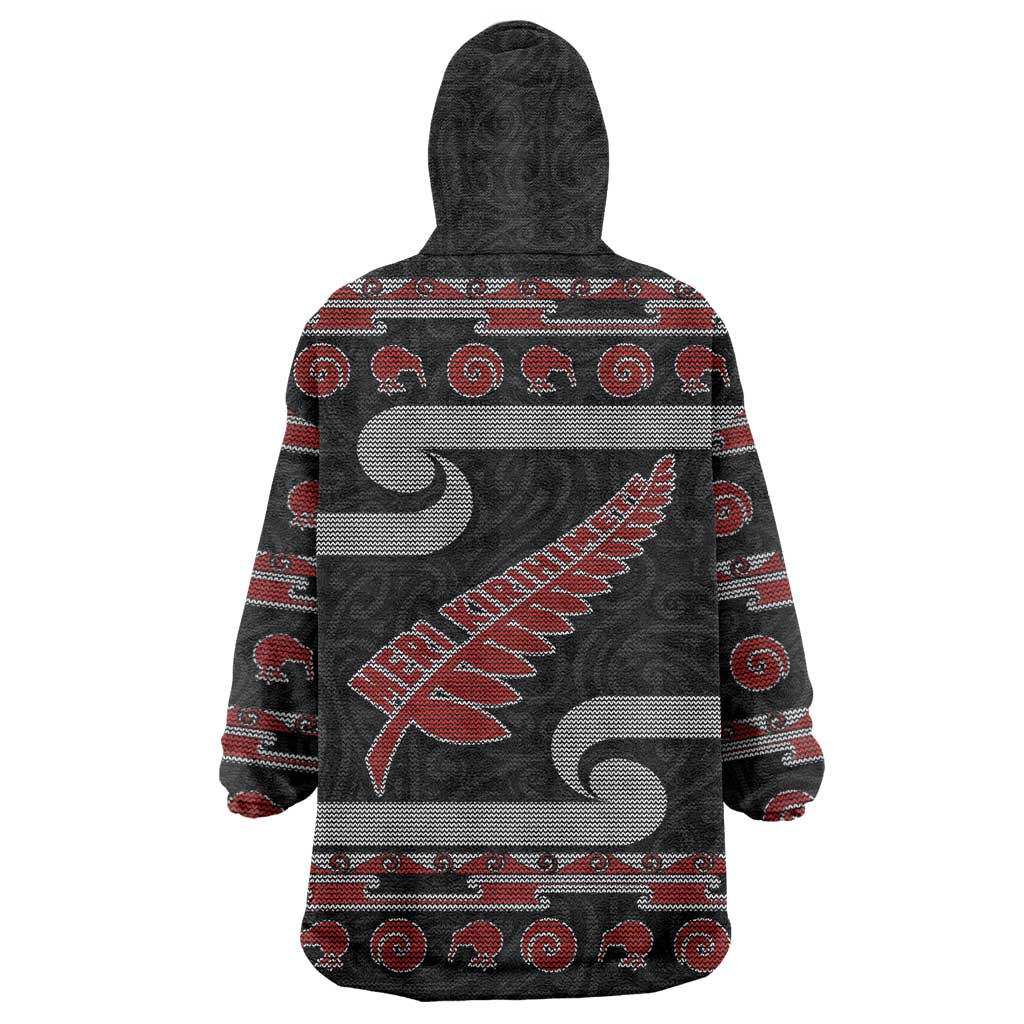 New Zealand Christmas Wearable Blanket Hoodie Meri Kirihimete Silver Fern Knit Style Red Color - Polynesian Pride