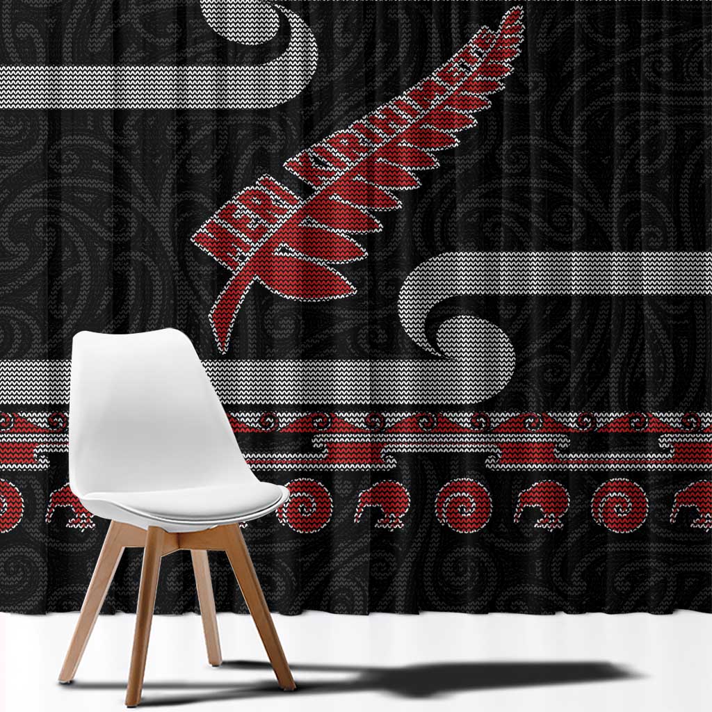 New Zealand Christmas Window Curtain Meri Kirihimete Silver Fern Knit Style Red Color - Polynesian Pride