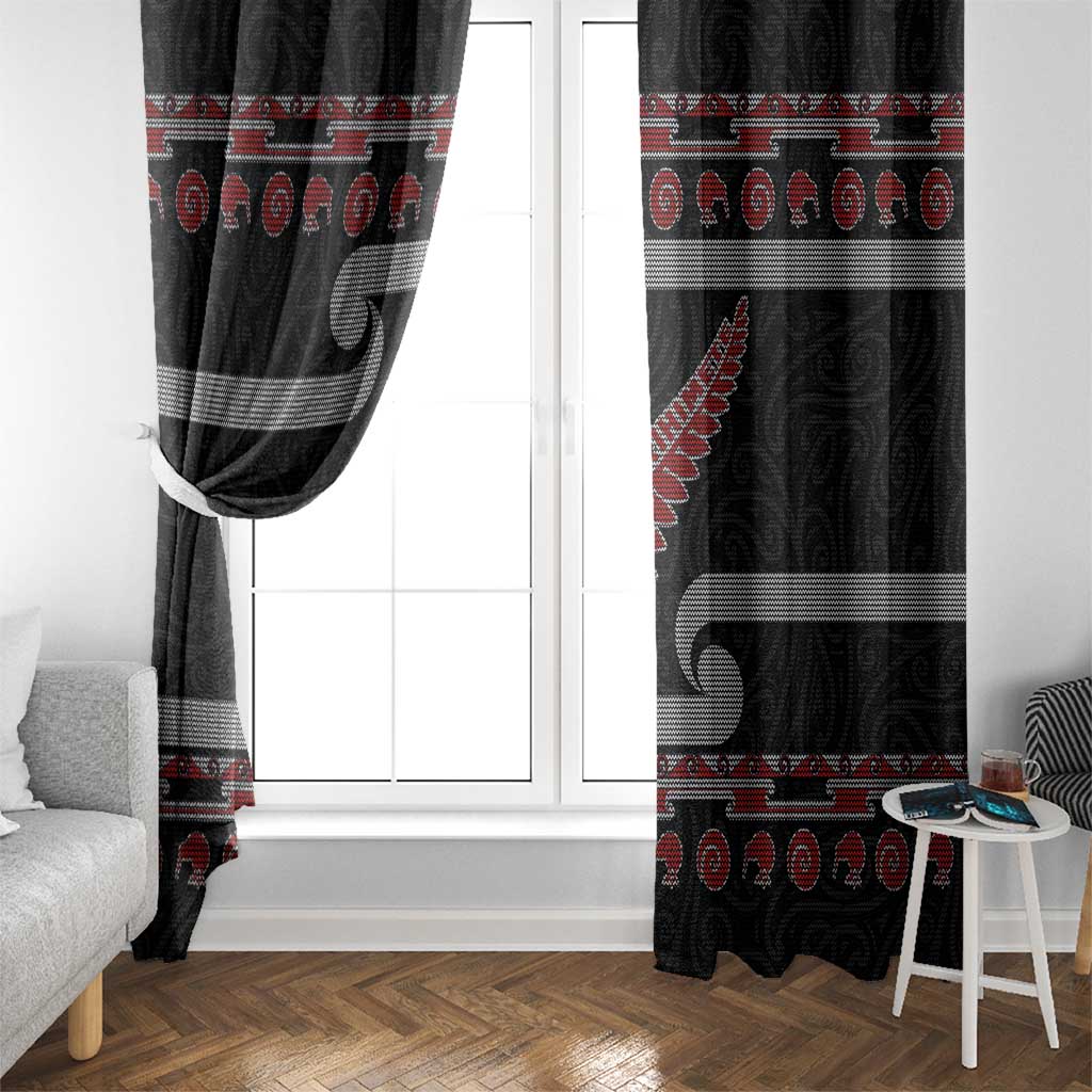 New Zealand Christmas Window Curtain Meri Kirihimete Silver Fern Knit Style Red Color - Polynesian Pride