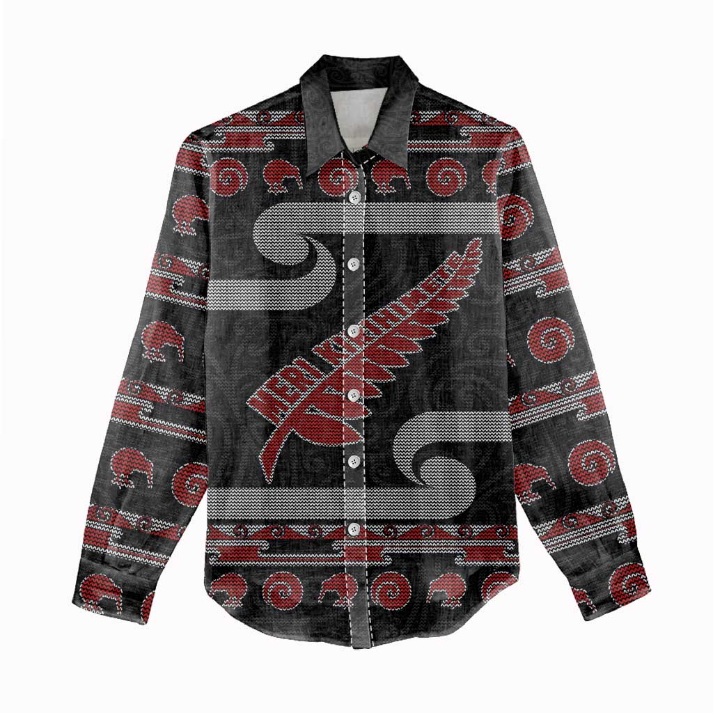 New Zealand Christmas Women Casual Shirt Meri Kirihimete Silver Fern Knit Style Red Color - Polynesian Pride