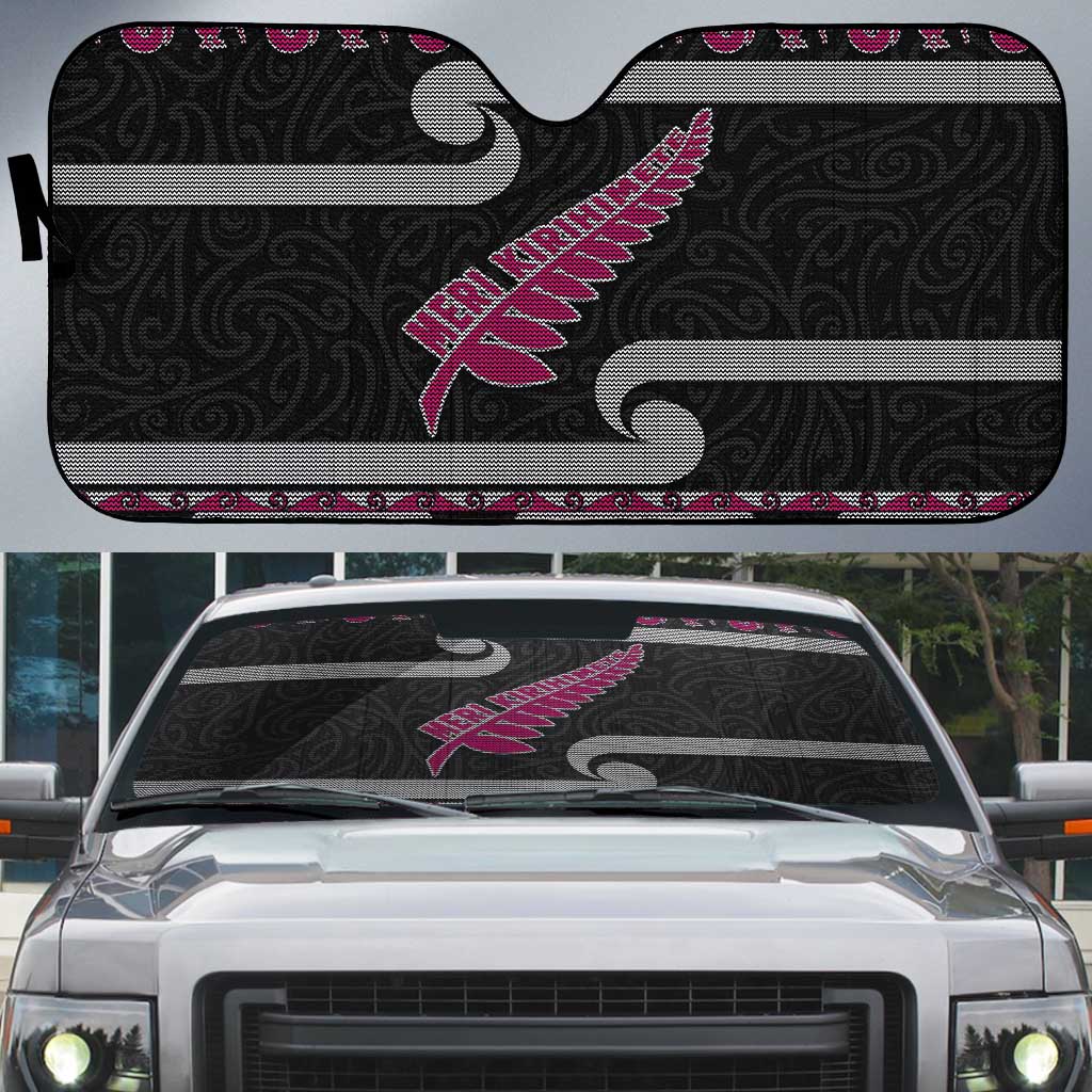 New Zealand Christmas Auto Sun Shade Meri Kirihimete Silver Fern Knit Style Pink Color - Polynesian Pride