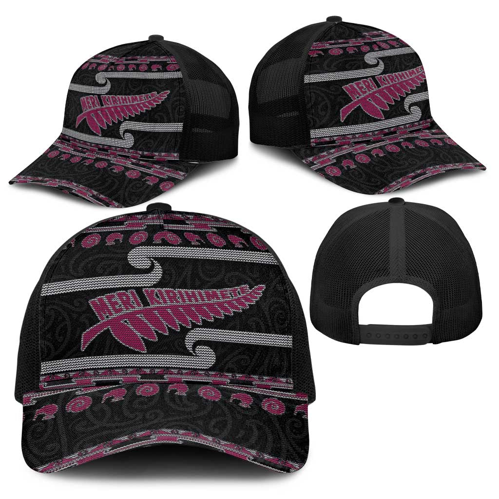 New Zealand Christmas Baseball Net Cap Meri Kirihimete Silver Fern Knit Style Pink Color - Polynesian Pride