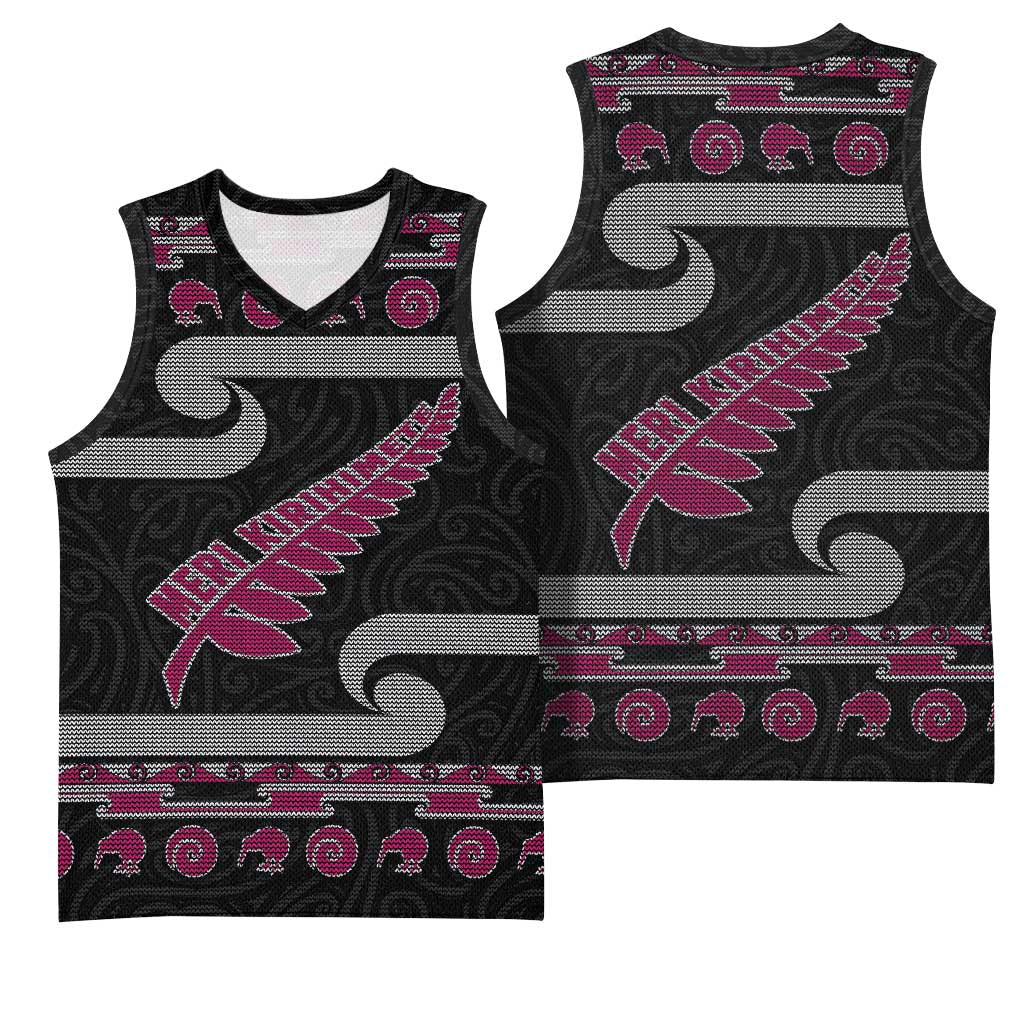 New Zealand Christmas Basketball Jersey Meri Kirihimete Silver Fern Knit Style Pink Color - Polynesian Pride