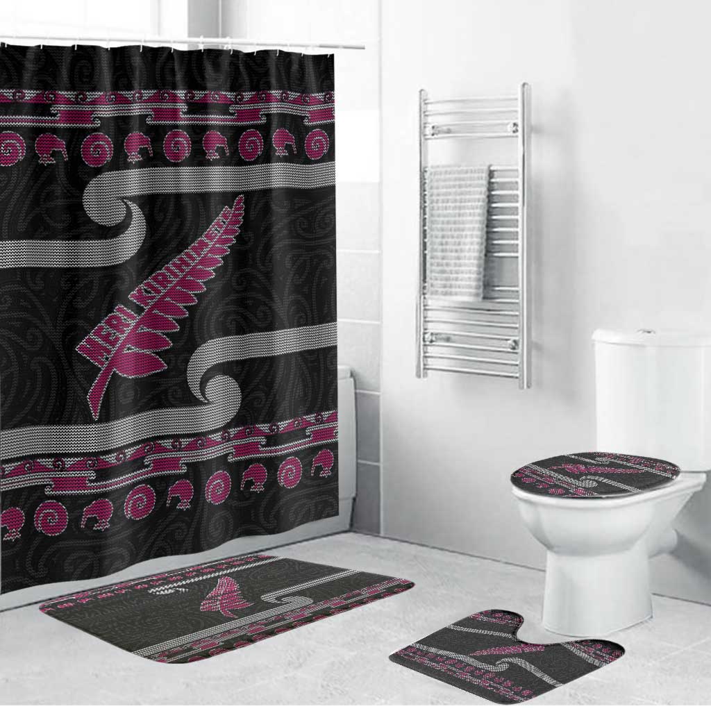 New Zealand Christmas Bathroom Set Meri Kirihimete Silver Fern Knit Style Pink Color - Polynesian Pride