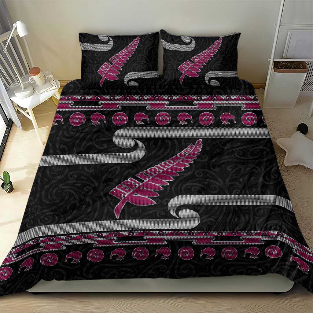 New Zealand Christmas Bedding Set Meri Kirihimete Silver Fern Knit Style Pink Color - Polynesian Pride