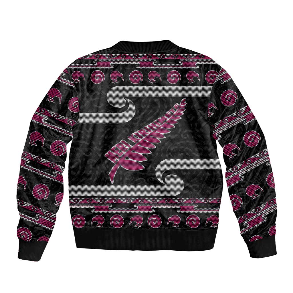 New Zealand Christmas Bomber Jacket Meri Kirihimete Silver Fern Knit Style Pink Color - Polynesian Pride