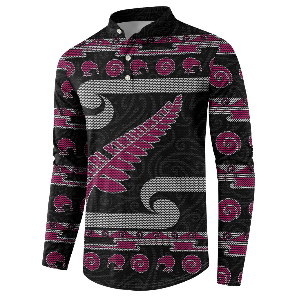 New Zealand Christmas Button Sweatshirt Meri Kirihimete Silver Fern Knit Style Pink Color - Polynesian Pride