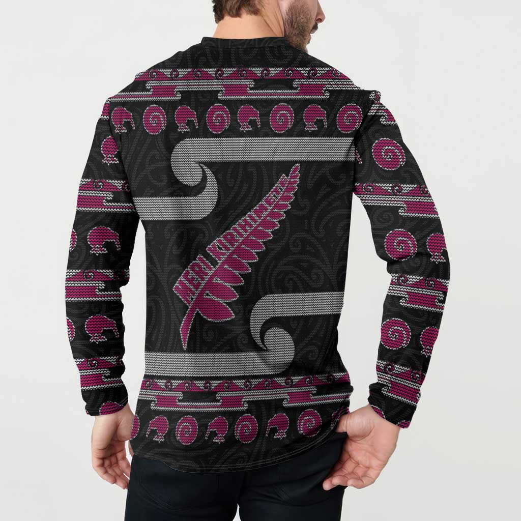 New Zealand Christmas Button Sweatshirt Meri Kirihimete Silver Fern Knit Style Pink Color - Polynesian Pride