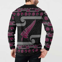 New Zealand Christmas Button Sweatshirt Meri Kirihimete Silver Fern Knit Style Pink Color - Polynesian Pride